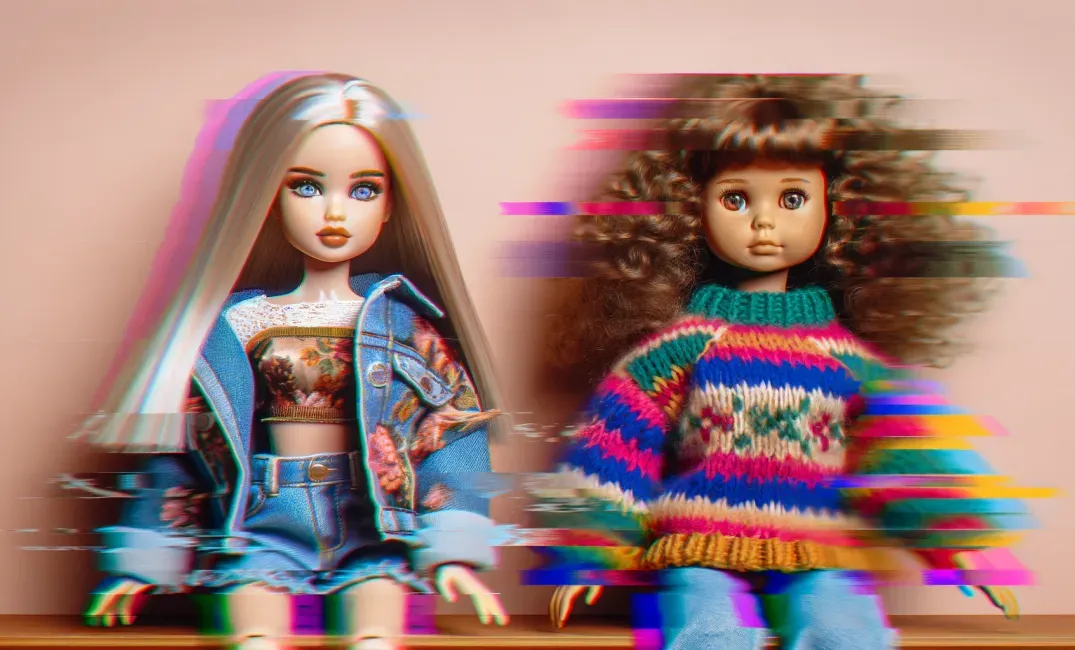 A photo realistic illustration of a Barbie doll next to a more wholesome doll - with glitch effect 