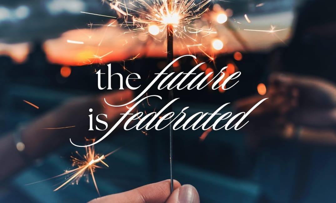 a photograph showing a hand holding a sparkler at dusk. the title "the future is federated" is on top