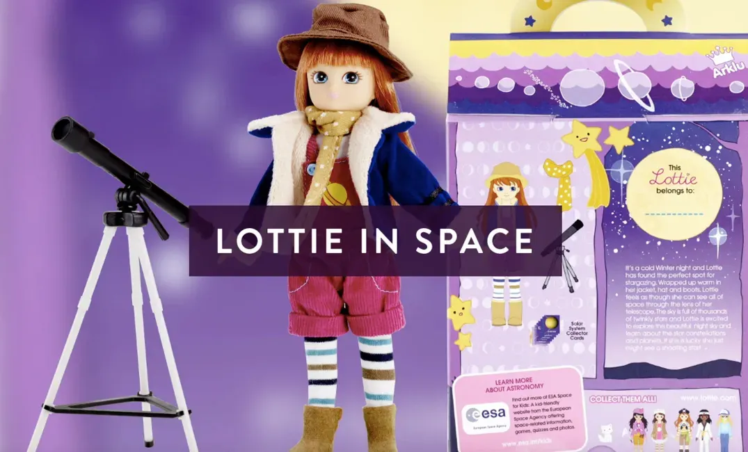 a photo montage showing Stargazer Lottie in front of her Lottie box