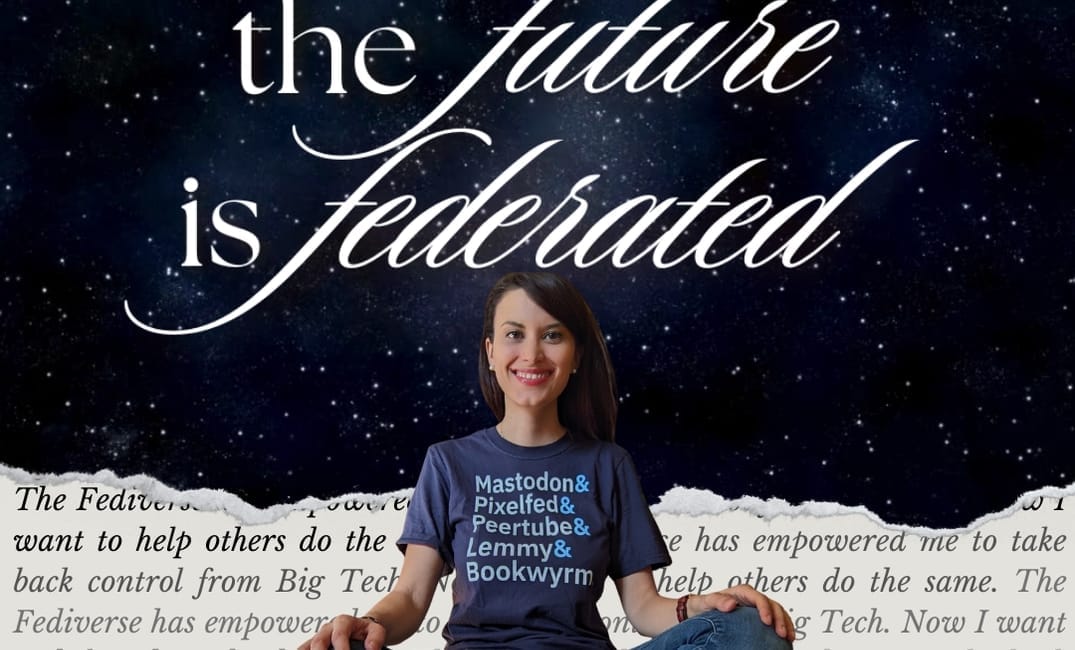 A photo of your truly sitting crossed legged with a Fediverse t-shirt by Forge & Craft 